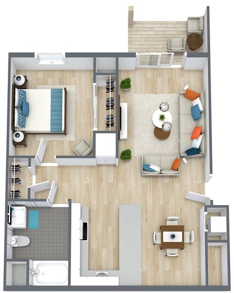 A top-down view of a living room, kitchen, and bathroom.